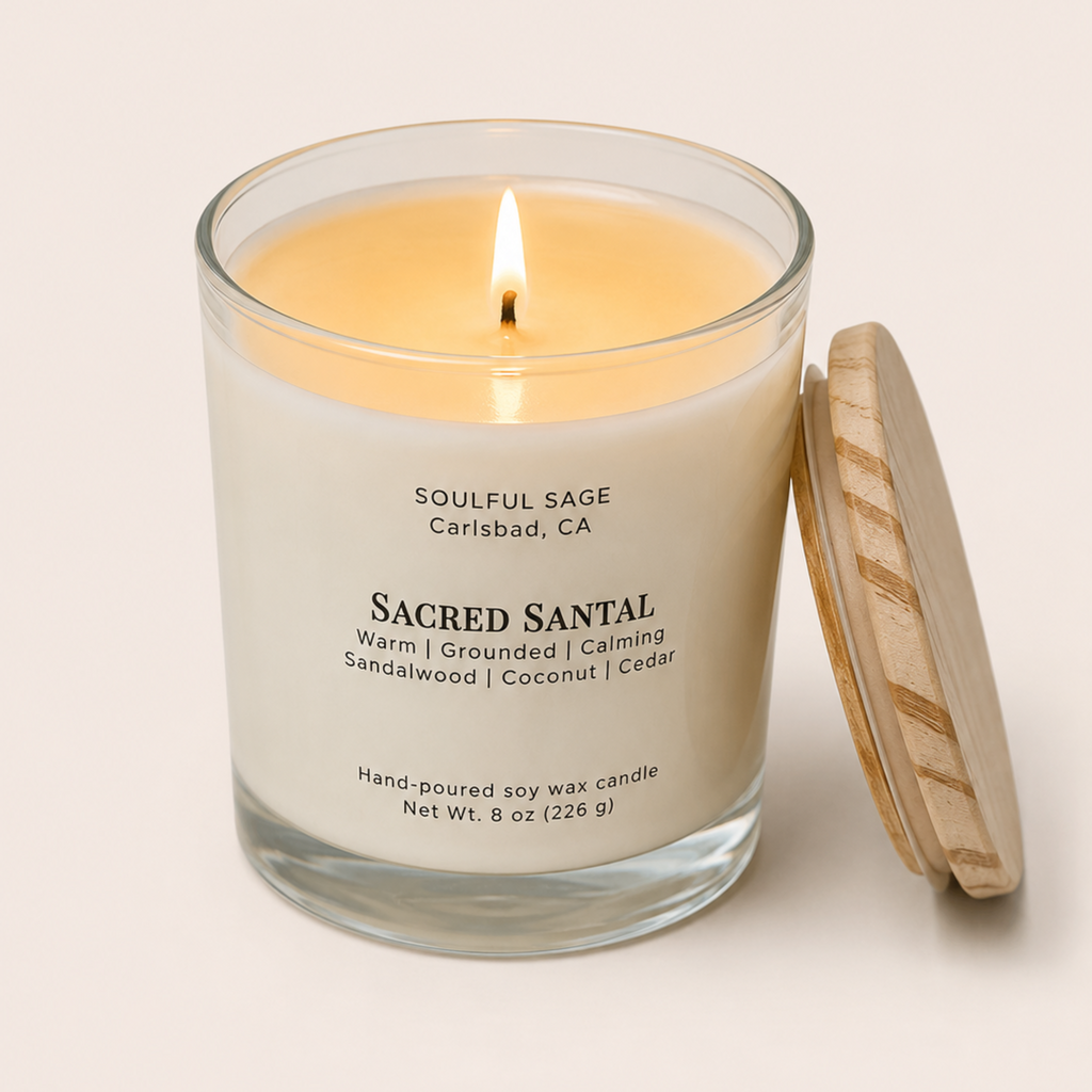 Soulful Sage Sacred Santal soy candle burning