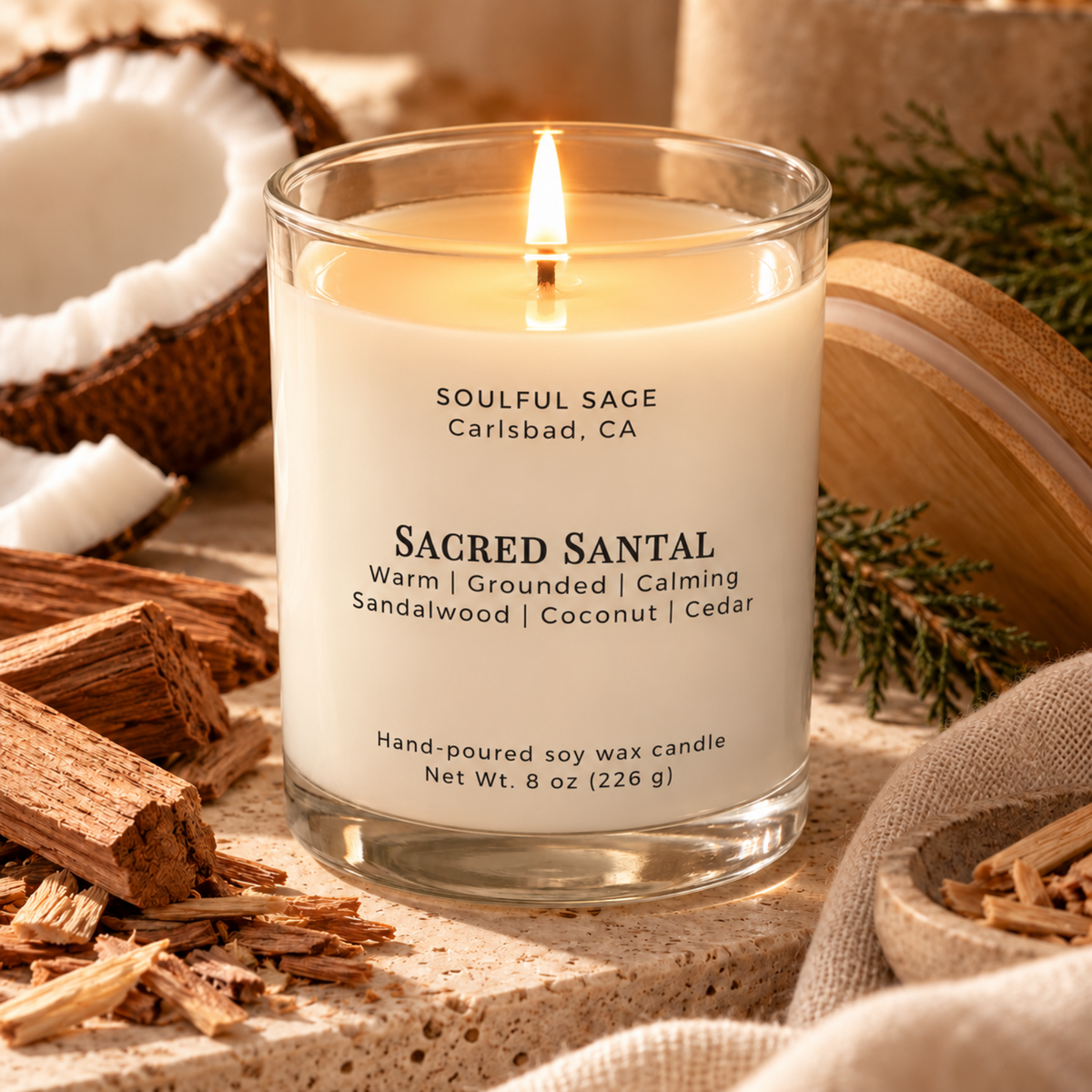 Sacred Santal soy candle burning with a full melt pool and visible wick, surrounded by sandalwood, coconut, cedar, and warm natural accents.