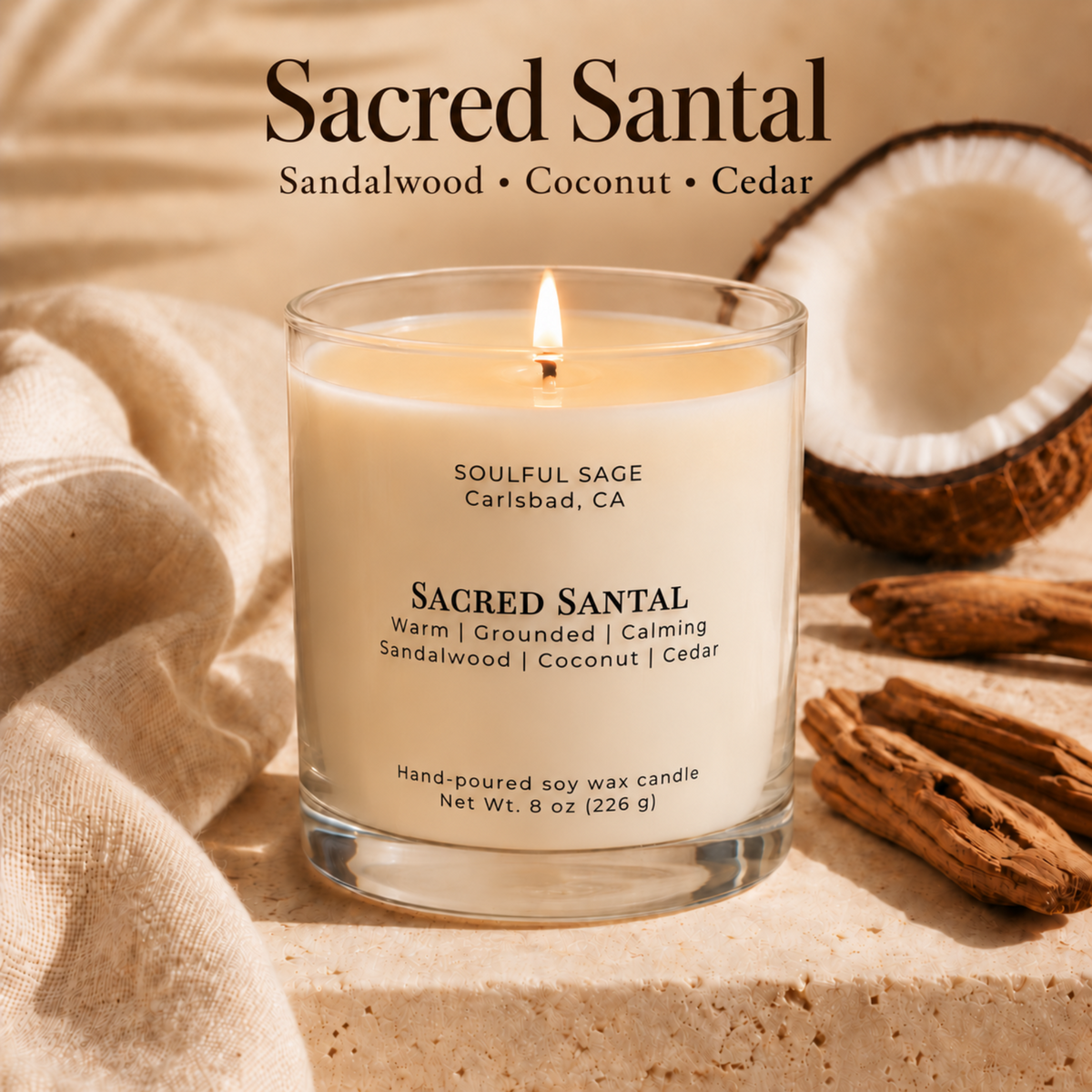 Soulful Sage Sacred Santal soy candle with sandalwood coconut and cedar scent-inspired background