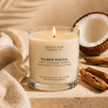 Soulful Sage Sacred Santal soy candle with sandalwood coconut and cedar scent-inspired background