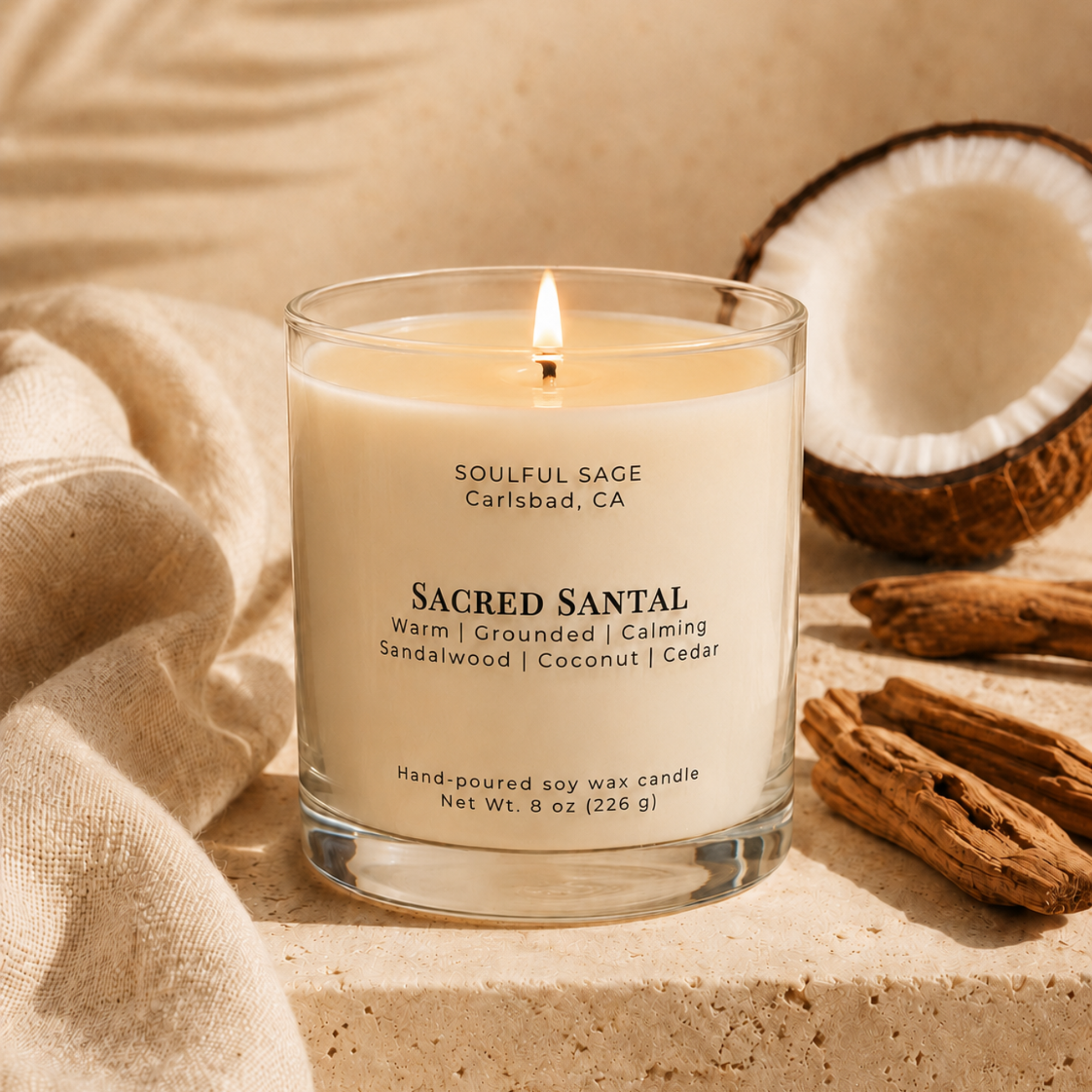 Soulful Sage Sacred Santal soy candle with sandalwood coconut and cedar scent-inspired background