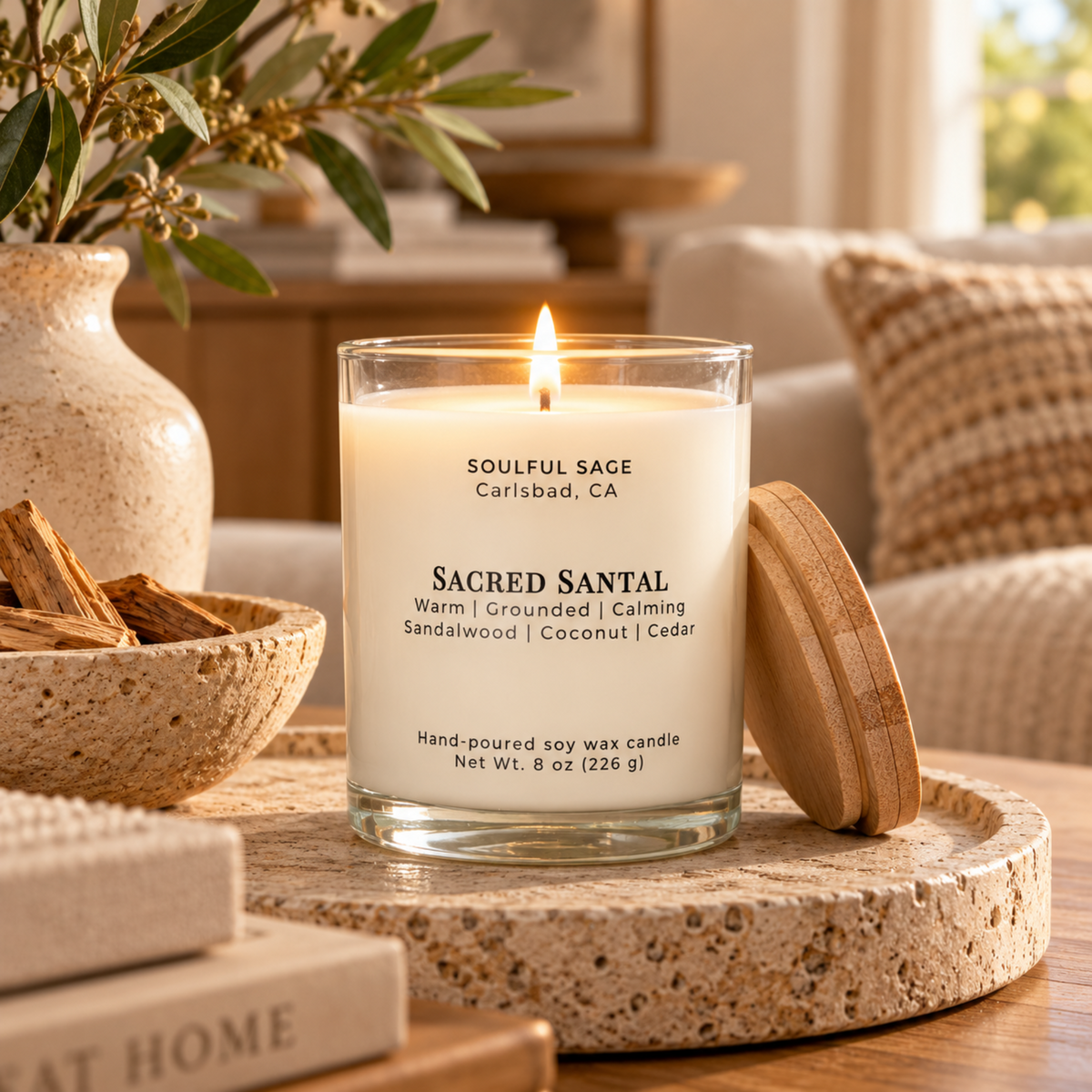 Sacred Santal soy candle glowing in a warm, grounded interior with natural wood, soft neutral textiles, and calming botanical accents.
