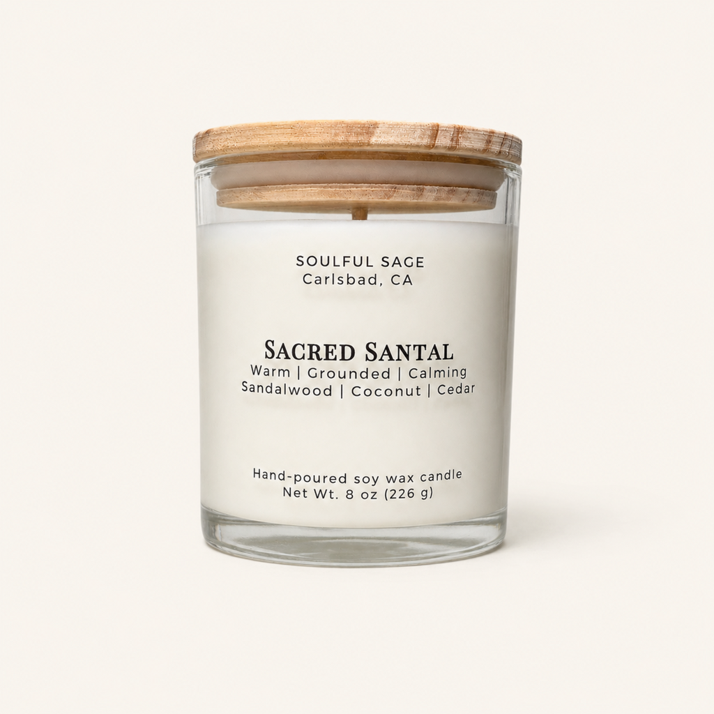 Soulful Sage Sacred Santal soy candle with lid