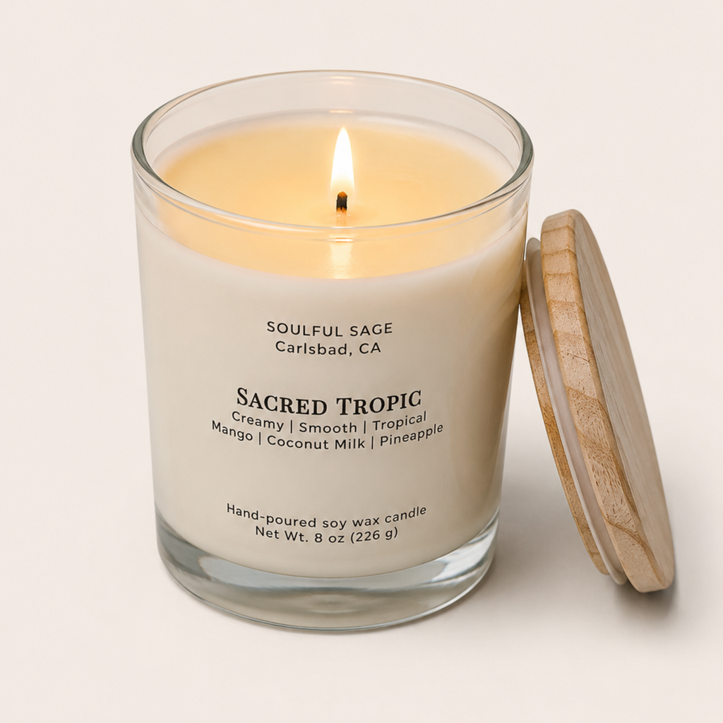 Soulful Sage Sacred Tropic soy candle burning
