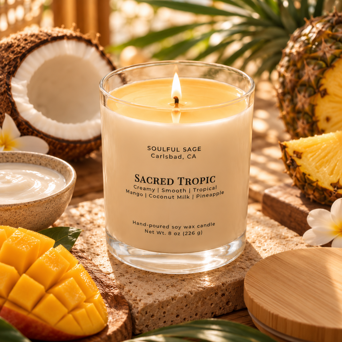 Sacred Tropic soy candle burning with a visible melt pool and wick, surrounded by mango, coconut, pineapple, and tropical accents.