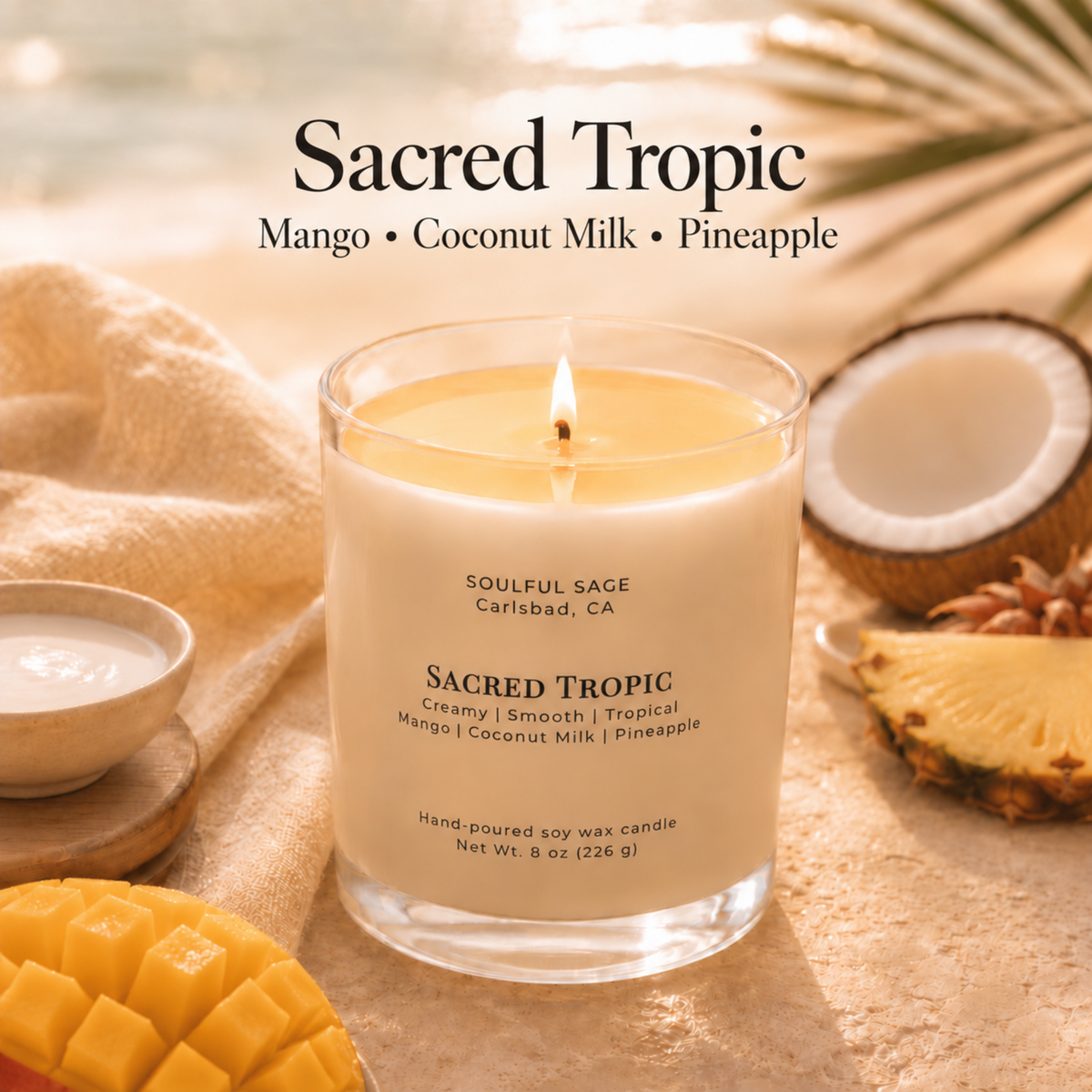Soulful Sage Sacred Tropic soy candle with mango coconut milk and pineapple scent-inspired background