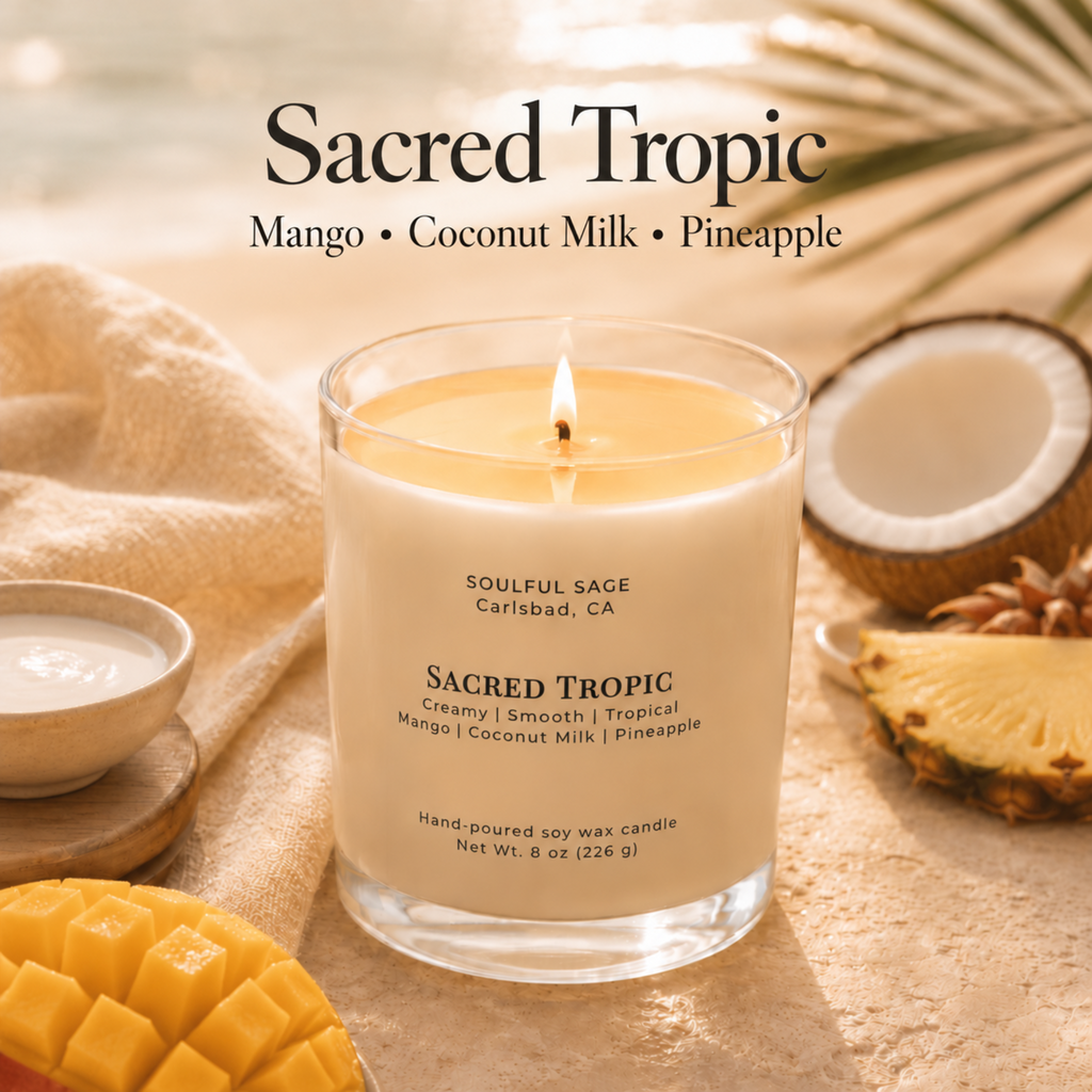 Soulful Sage Sacred Tropic soy candle with mango coconut milk and pineapple scent-inspired background