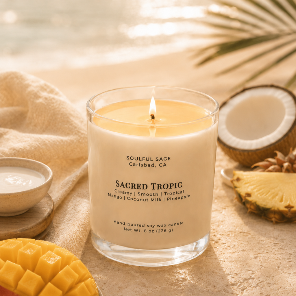Soulful Sage Sacred Tropic soy candle with mango coconut milk and pineapple scent-inspired background