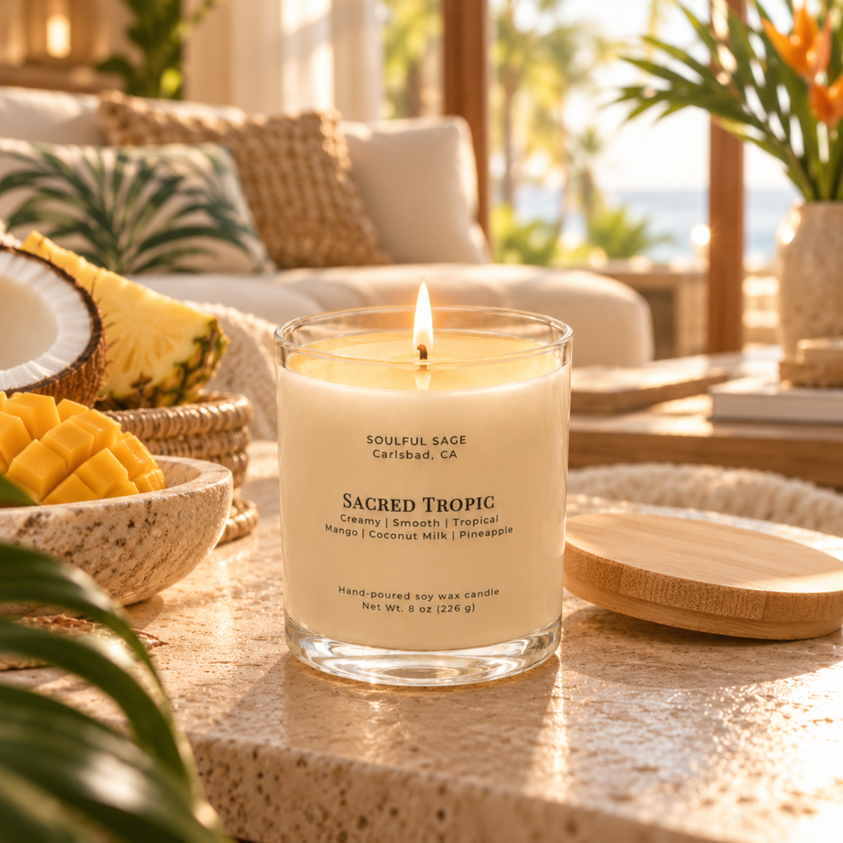Sacred Tropic soy candle glowing in a warm tropical-inspired room with mango, coconut, pineapple, and soft natural light.