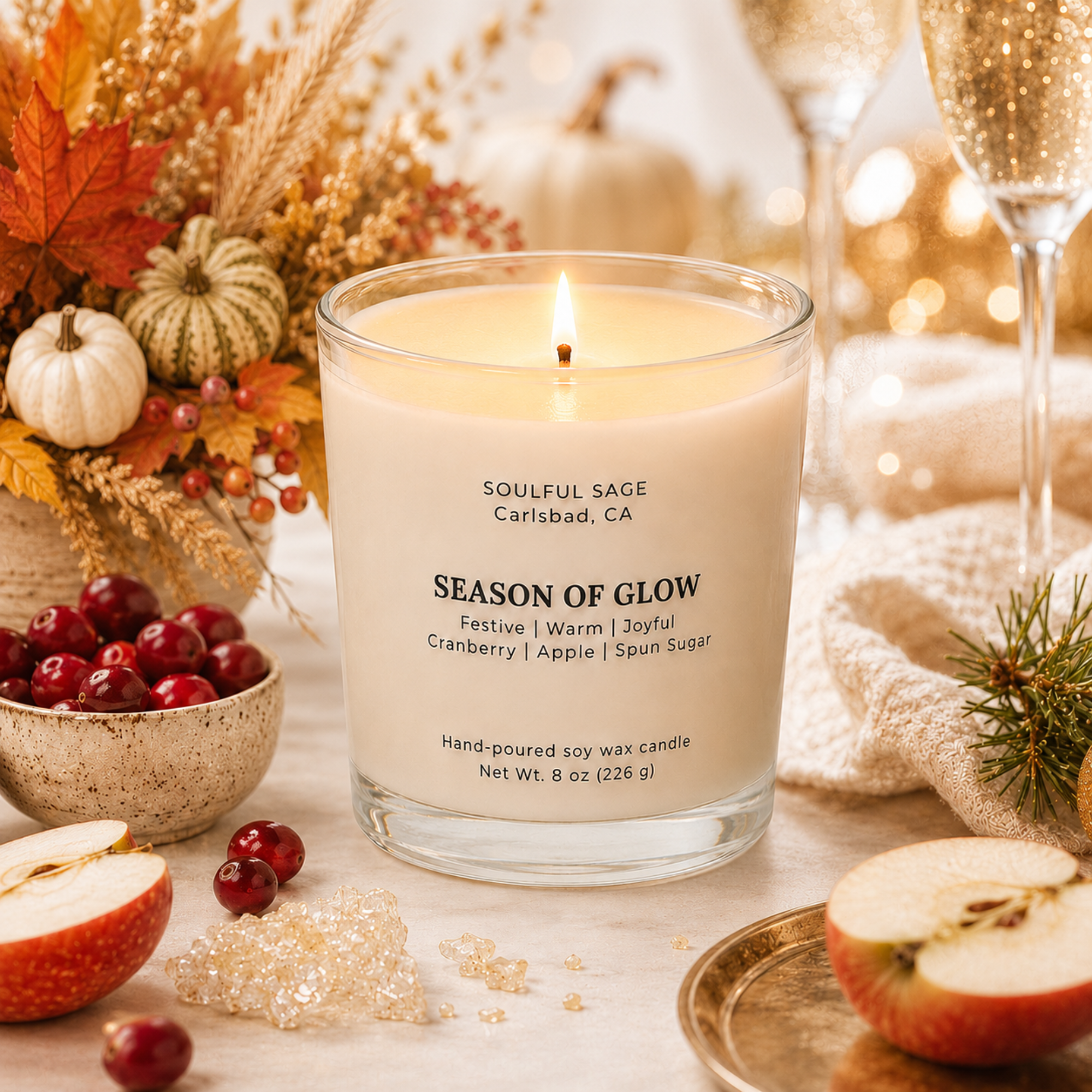Season of Glow soy candle by Soulful Sage styled with cranberry, apple, spun sugar, evergreen, fall florals, champagne glasses, and warm festive candlelight.