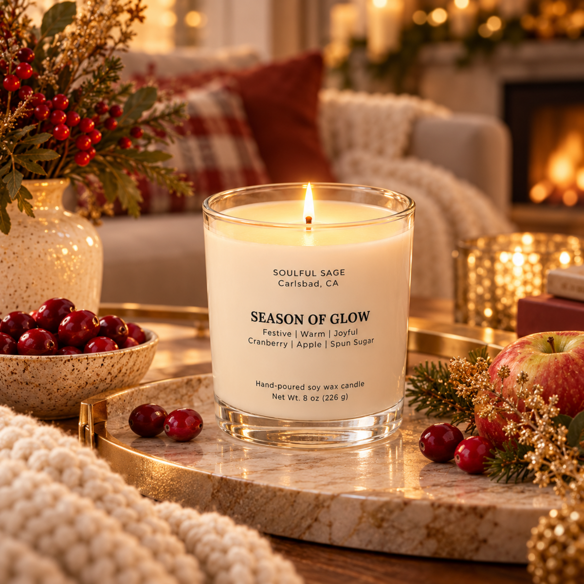 Season of Glow soy candle glowing in a cozy home setting with cranberry, apple, soft textiles, and warm seasonal light.