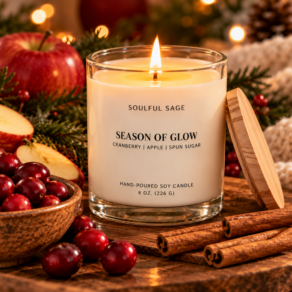 Season of Glow soy candle burning with a full melt pool, surrounded by cranberry, apple, and warm seasonal accents.