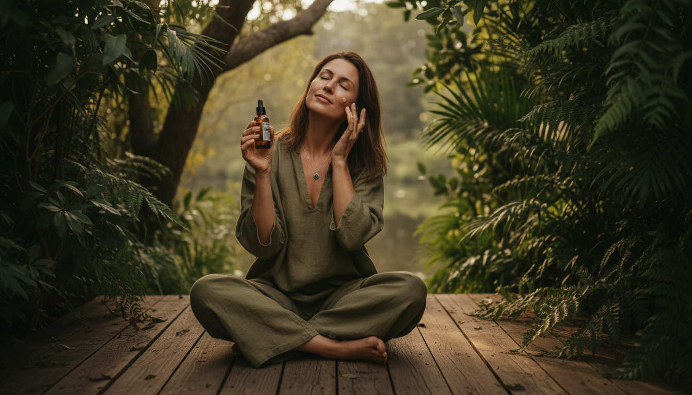 Woman applying Soulful Sage serum as part of the skincare ritual guide