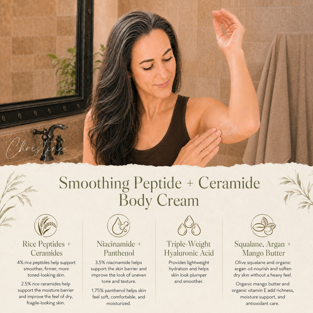 Christine applying Soulful Sage Smoothing Peptide + Ceramide Body Cream to her upper arm, with a bottom panel highlighting rice peptides and ceramides, niacinamide and panthenol, triple-weight hyaluronic acid, and squalane, argan, and mango butter.