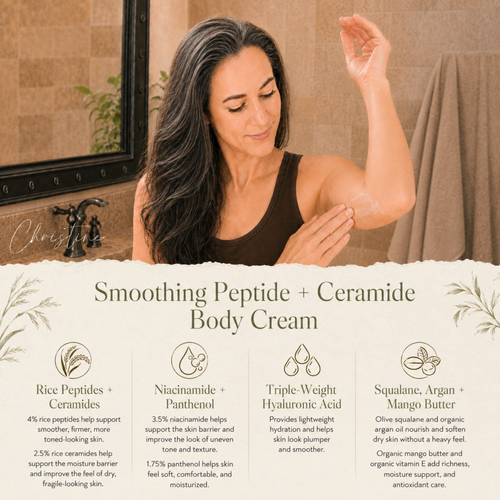 Christine applying Soulful Sage Smoothing Peptide + Ceramide Body Cream to her upper arm, with a bottom panel highlighting rice peptides and ceramides, niacinamide and panthenol, triple-weight hyaluronic acid, and squalane, argan, and mango butter.