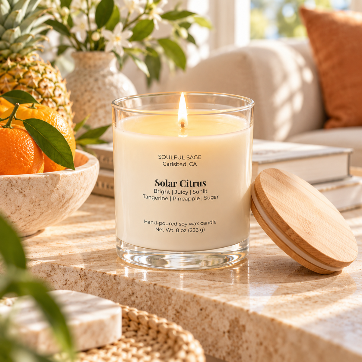 Solar Citrus soy candle glowing in a bright sunlit room with citrus, pineapple, soft furnishings, and warm natural light.