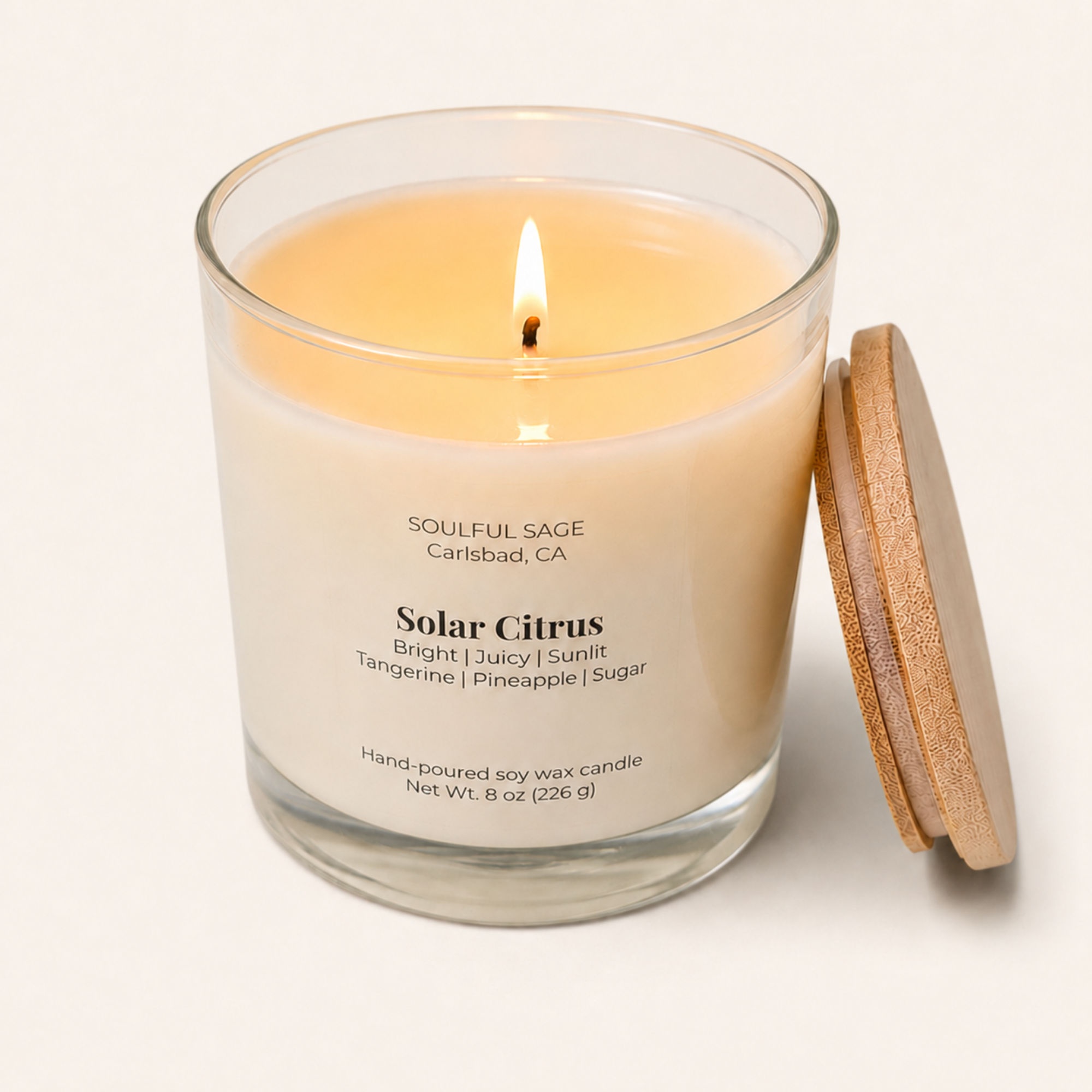 Soulful Sage Solar Citrus soy candle burning