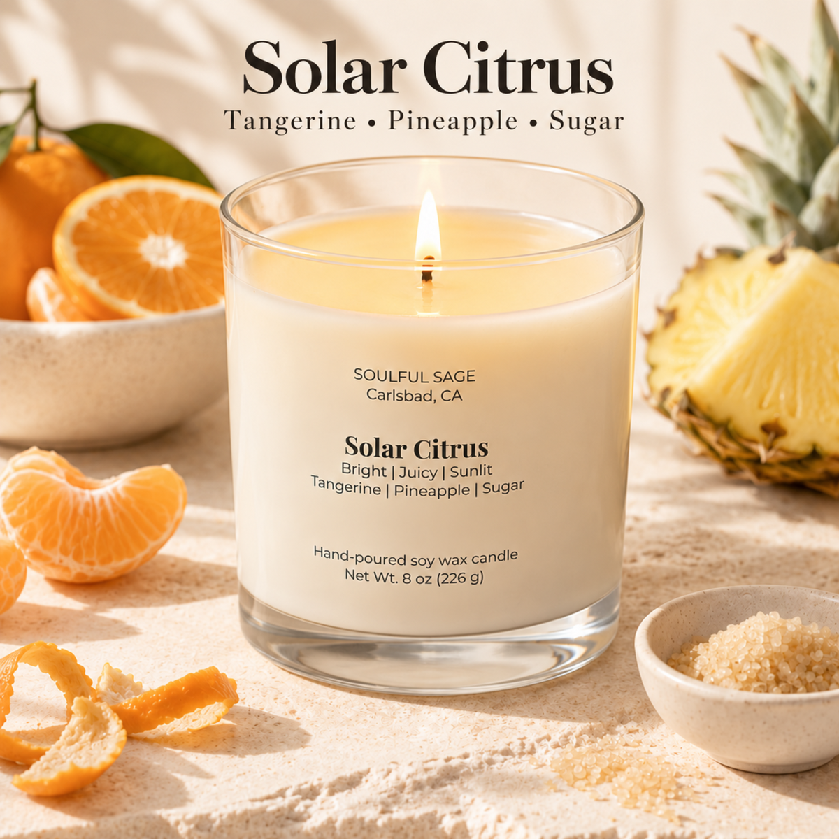 Soulful Sage Solar Citrus soy candle with tangerine pineapple and sugar scent-inspired background