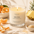 Soulful Sage Solar Citrus soy candle with tangerine pineapple and sugar scent-inspired background