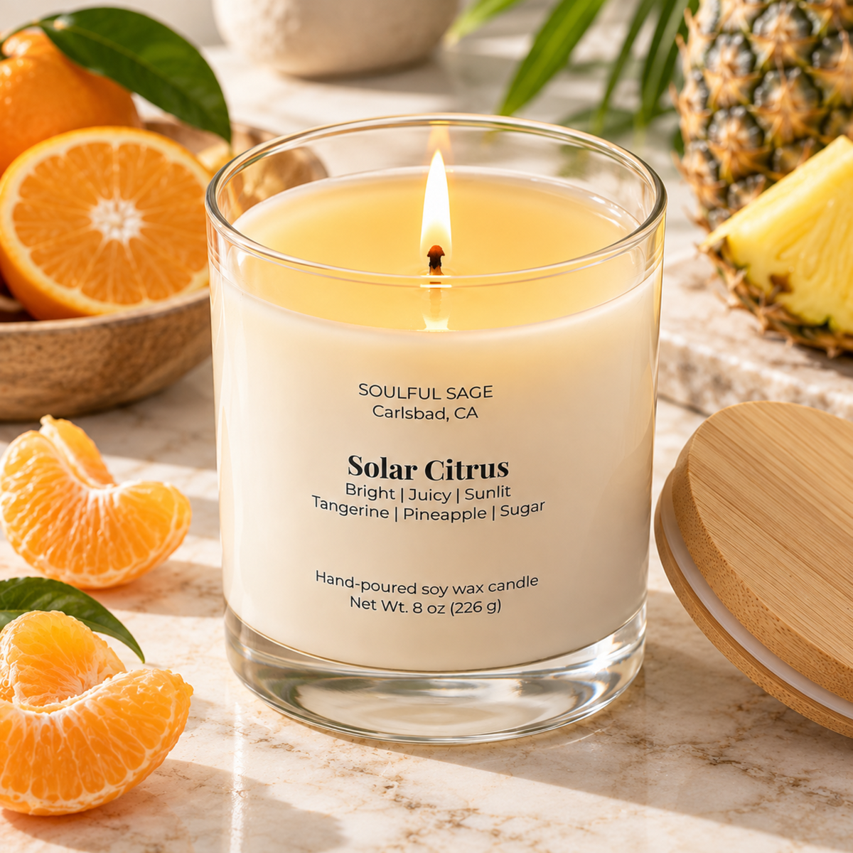 Solar Citrus soy candle burning with a visible melt pool and wick, surrounded by tangerine, pineapple, and sugar accents.