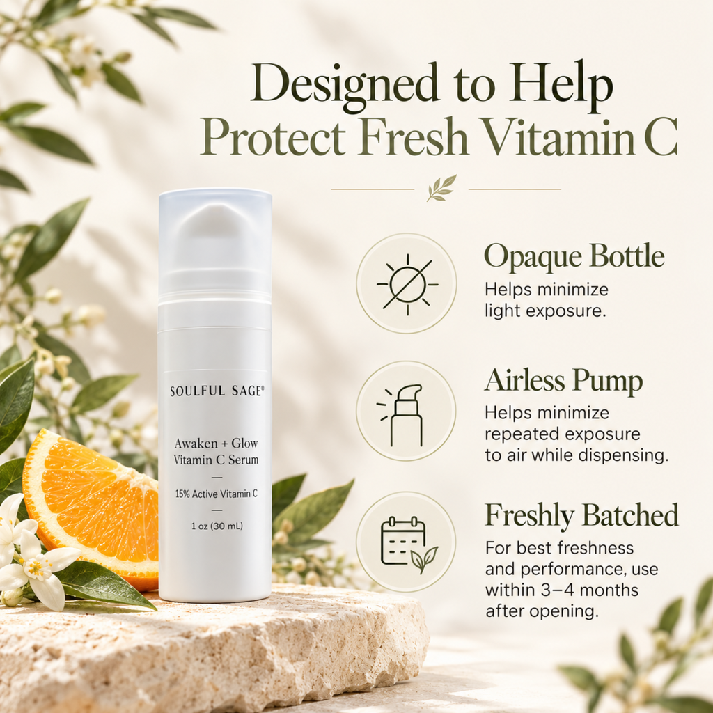 Soulful Sage Awaken + Glow 15% active Vitamin C serum graphic showing the opaque airless bottle and key packaging benefits, including protection from light and air exposure and best freshness within 3 to 4 months after opening.