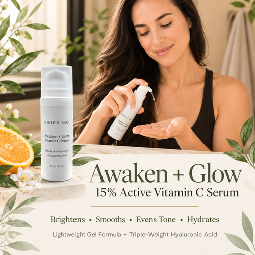Woman applying Soulful Sage Awaken + Glow 15% Active Vitamin C Serum with text highlighting brightens, smooths, evens tone, hydrates, and lightweight gel formula with triple-weight hyaluronic acid.