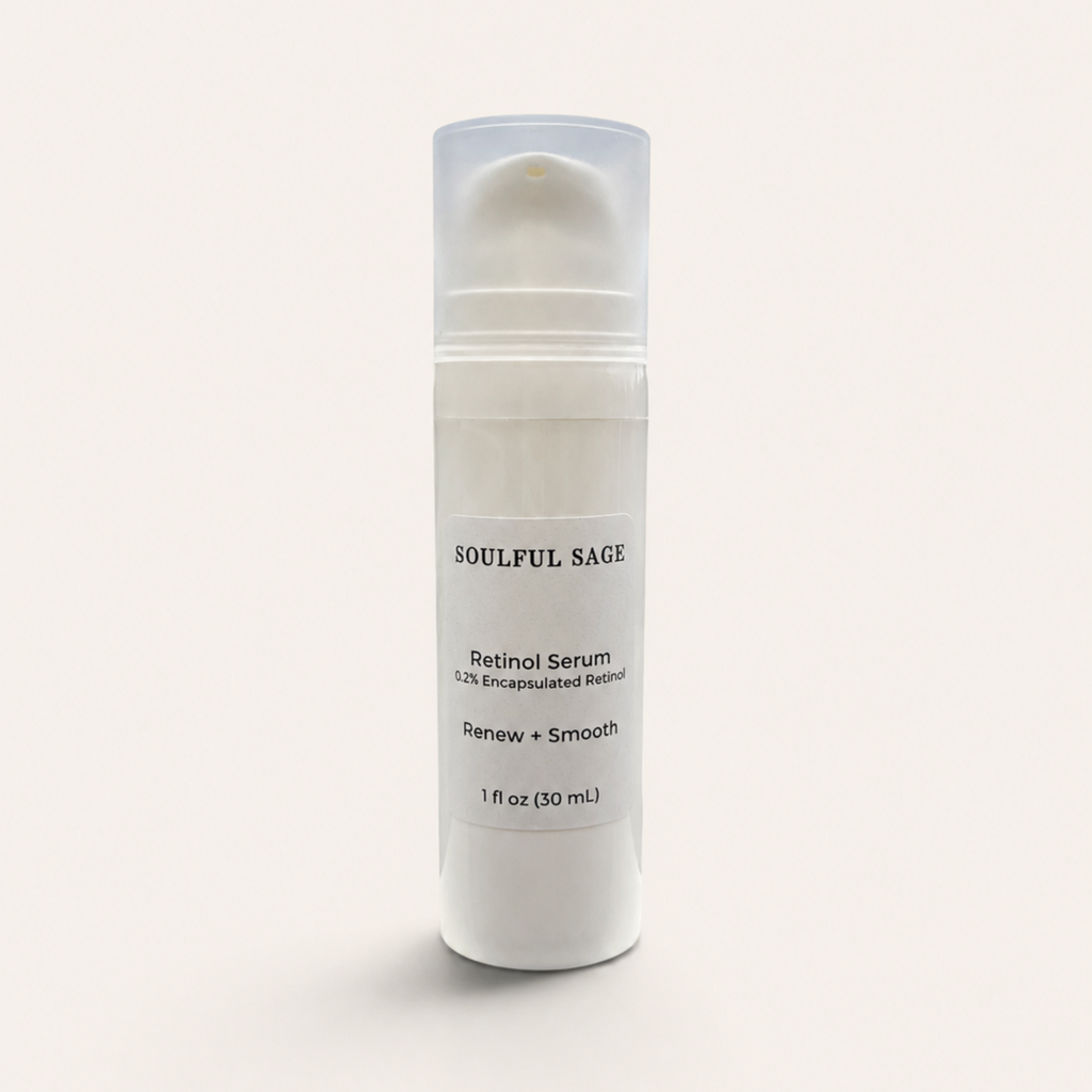 Soulful Sage Renew + Smooth Retinol Serum in an opaque airless bottle with 0.2% encapsulated retinol for smoother-looking skin, fine lines, wrinkles, texture, and dullness.