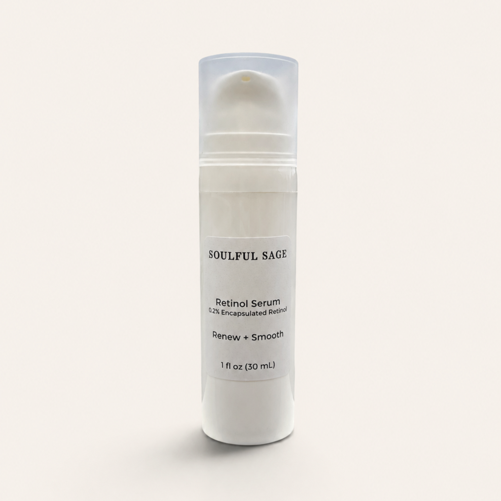 Soulful Sage Renew + Smooth Retinol Serum in an opaque airless bottle with 0.2% encapsulated retinol for smoother-looking skin, fine lines, wrinkles, texture, and dullness.