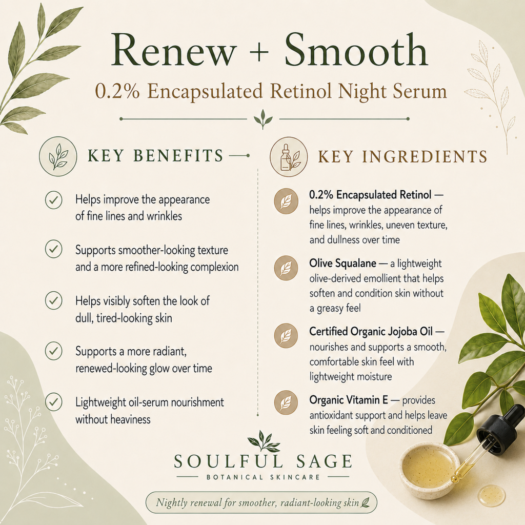 Soulful Sage Renew + Smooth 0.2% Encapsulated Retinol Night Serum infographic showing key benefits for fine lines, wrinkles, texture, dullness, and key ingredients including olive squalane, certified organic jojoba oil, and organic Vitamin E.