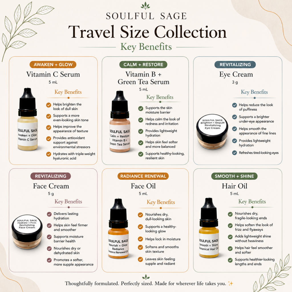 Soulful Sage travel-size skincare and hair care options