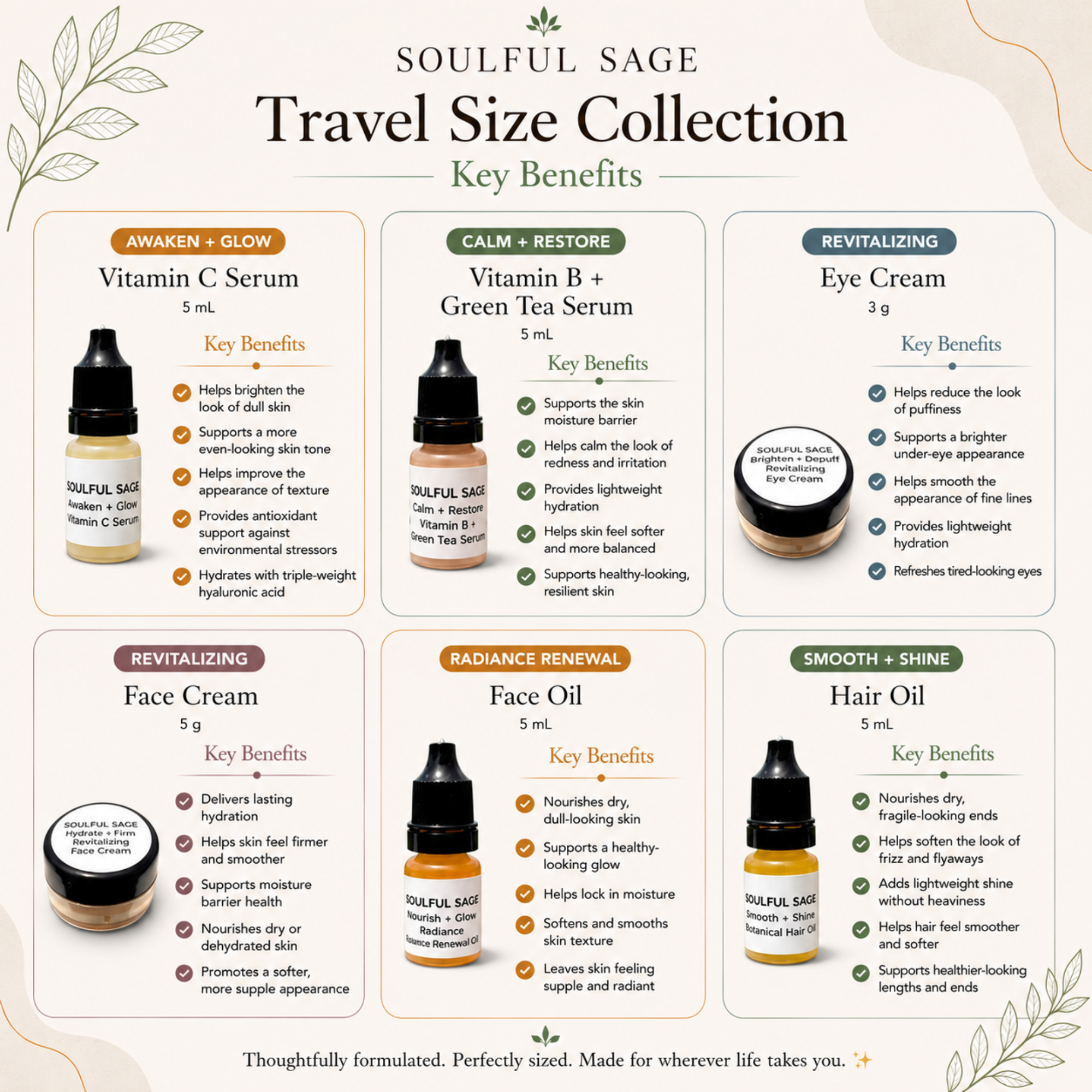 Soulful Sage travel-size skincare and hair care options
