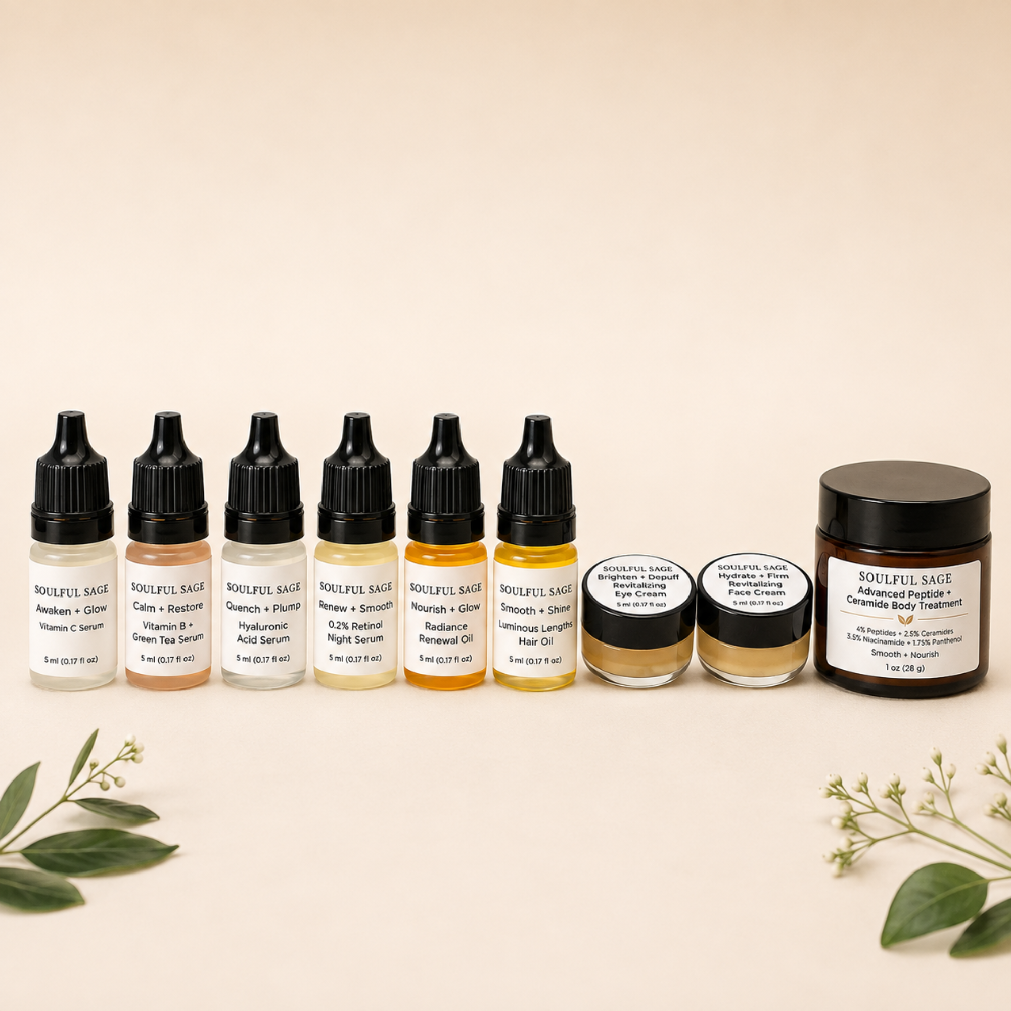 Square product image of the Soulful Sage travel-size skincare collection featuring Awaken + Glow Vitamin C Serum, Calm + Restore Vitamin B + Green Tea Serum, Quench + Plump Hyaluronic Acid Serum, Renew + Smooth 0.2% Retinol Night Serum, Nourish + Glow Radiance Renewal Oil, Smooth + Shine Hair Oil, Revitalizing Eye Cream, Revitalizing Face Cream, and Advanced Peptide + Ceramide Body Treatment.