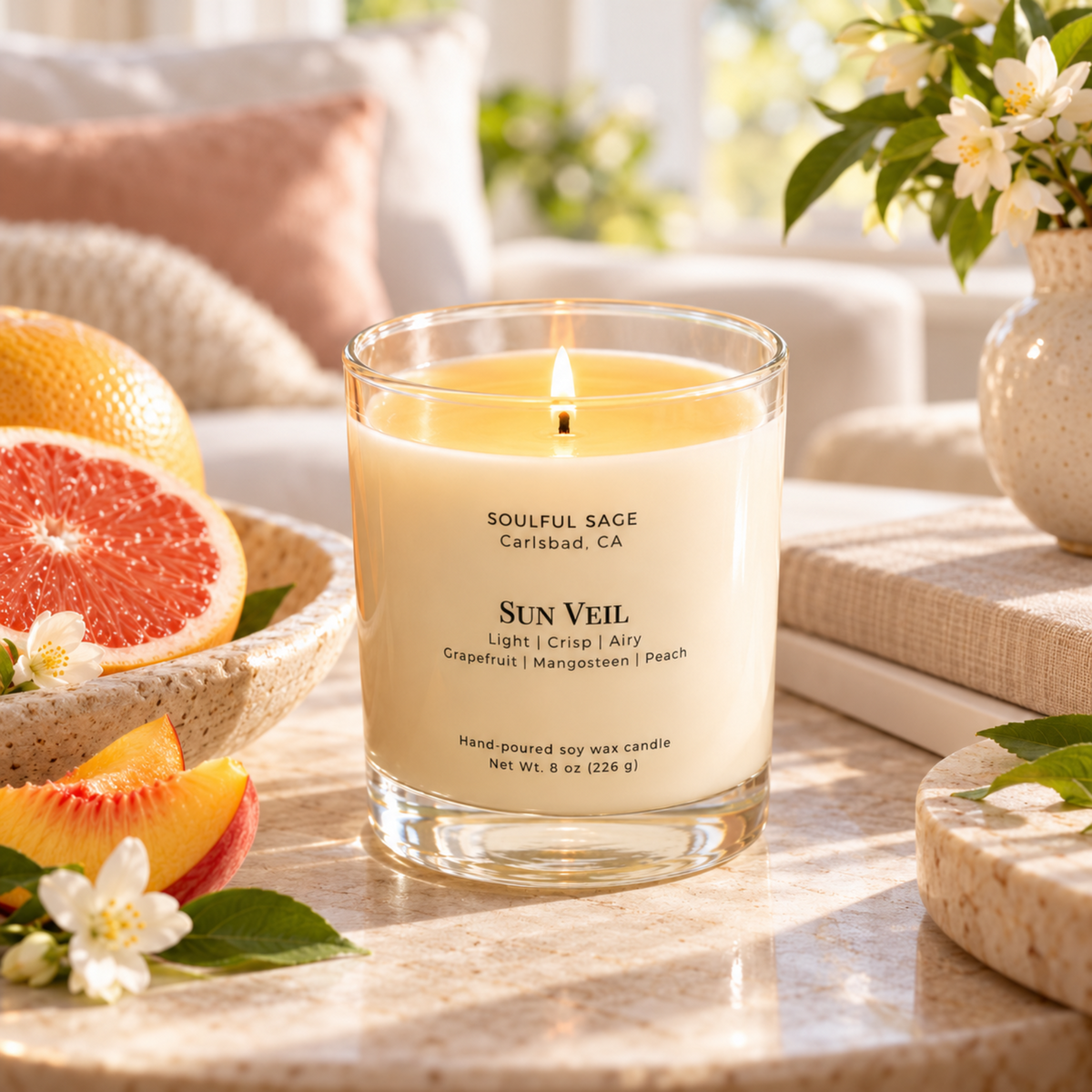 Sun Veil soy candle glowing in a bright airy room with grapefruit, peach, soft flowers, and warm natural light.