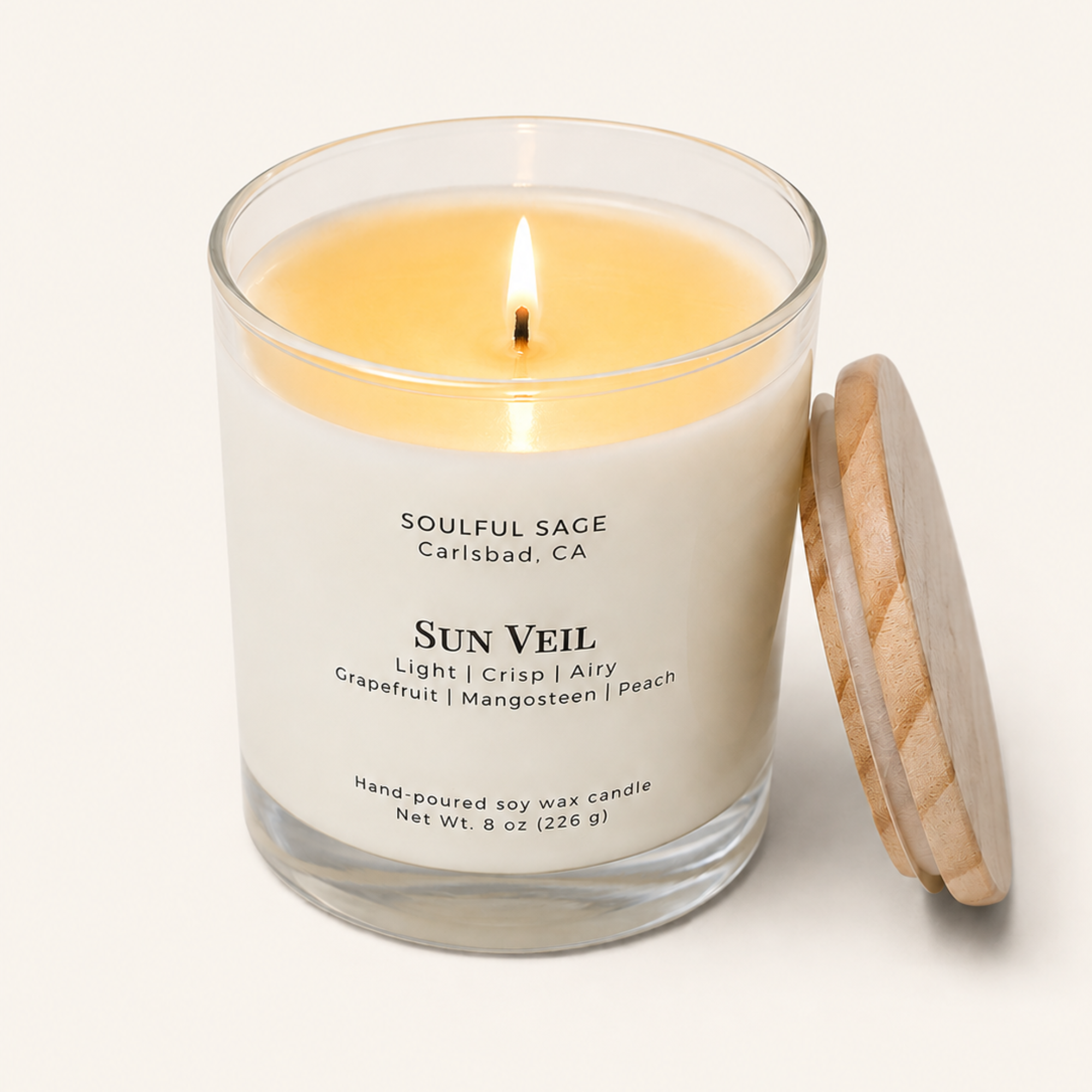 Soulful Sage Sun Veil soy candle burning