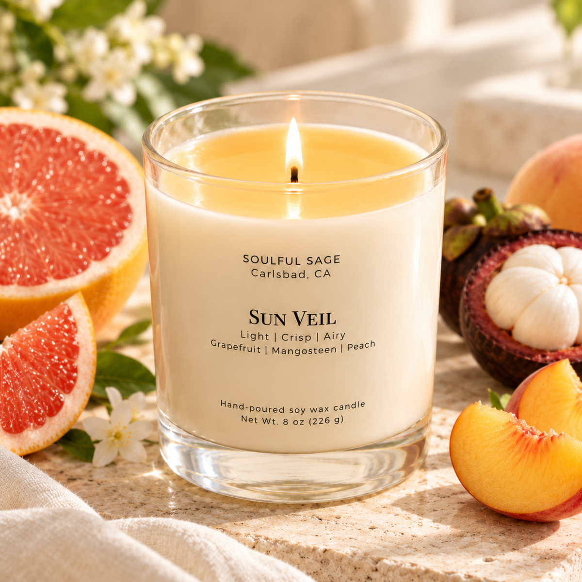 Sun Veil soy candle burning with a visible melt pool and wick, surrounded by grapefruit, mangosteen, peach, and soft floral accents.