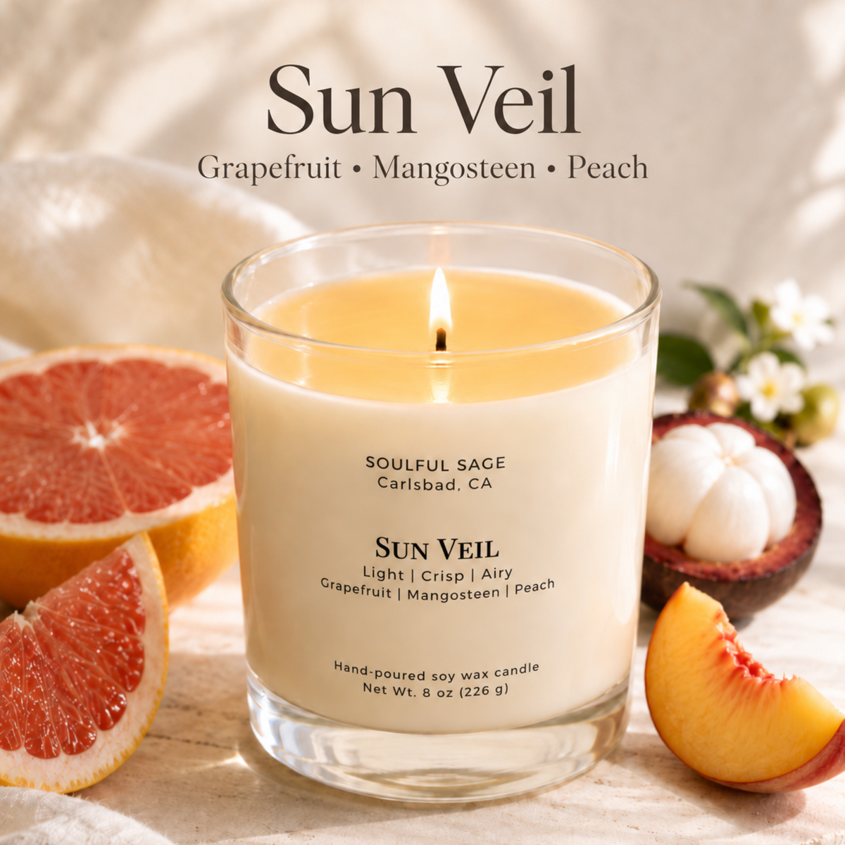 Soulful Sage Sun Veil soy candle with grapefruit mangosteen and peach scent-inspired background