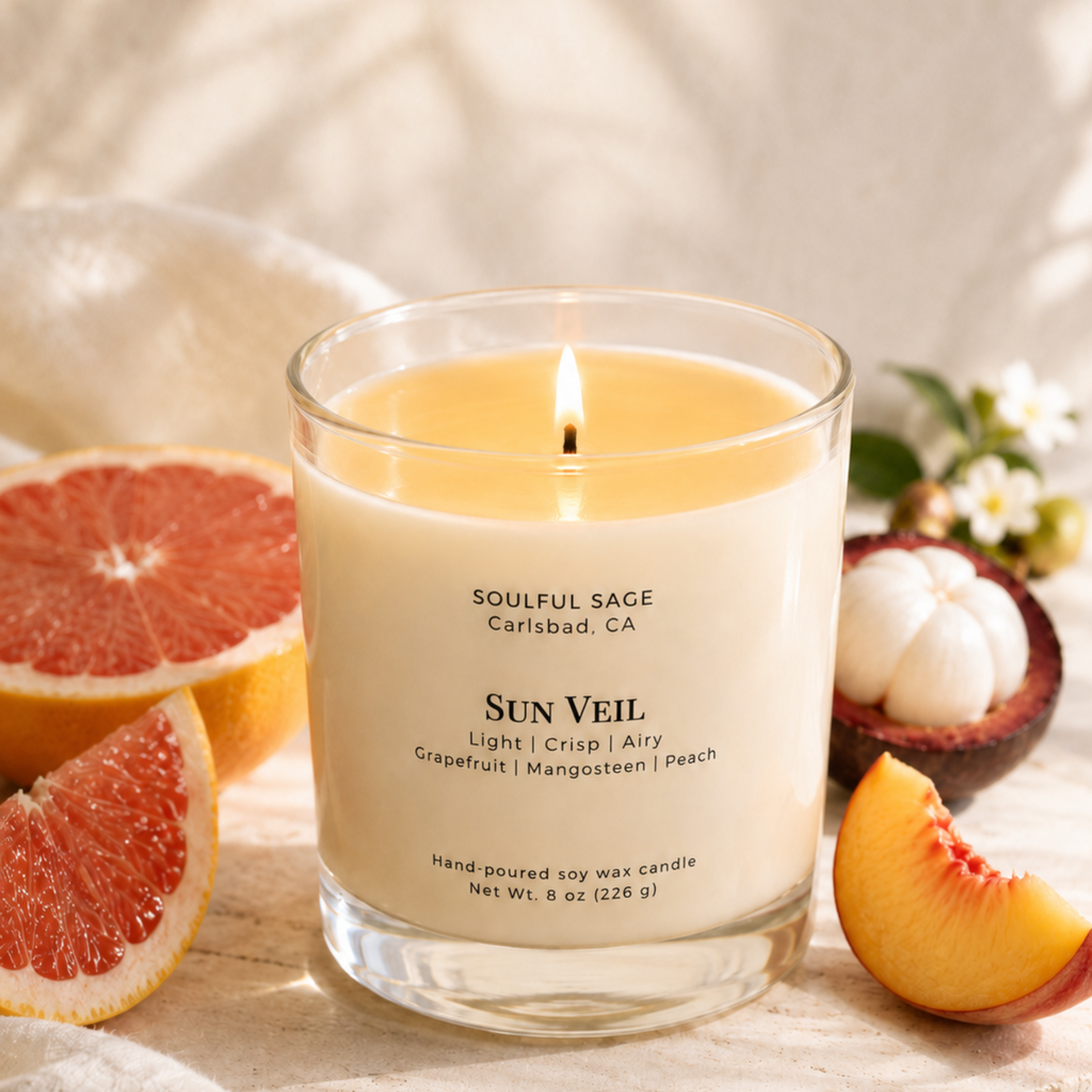 Soulful Sage Sun Veil soy candle with grapefruit mangosteen and peach scent-inspired background