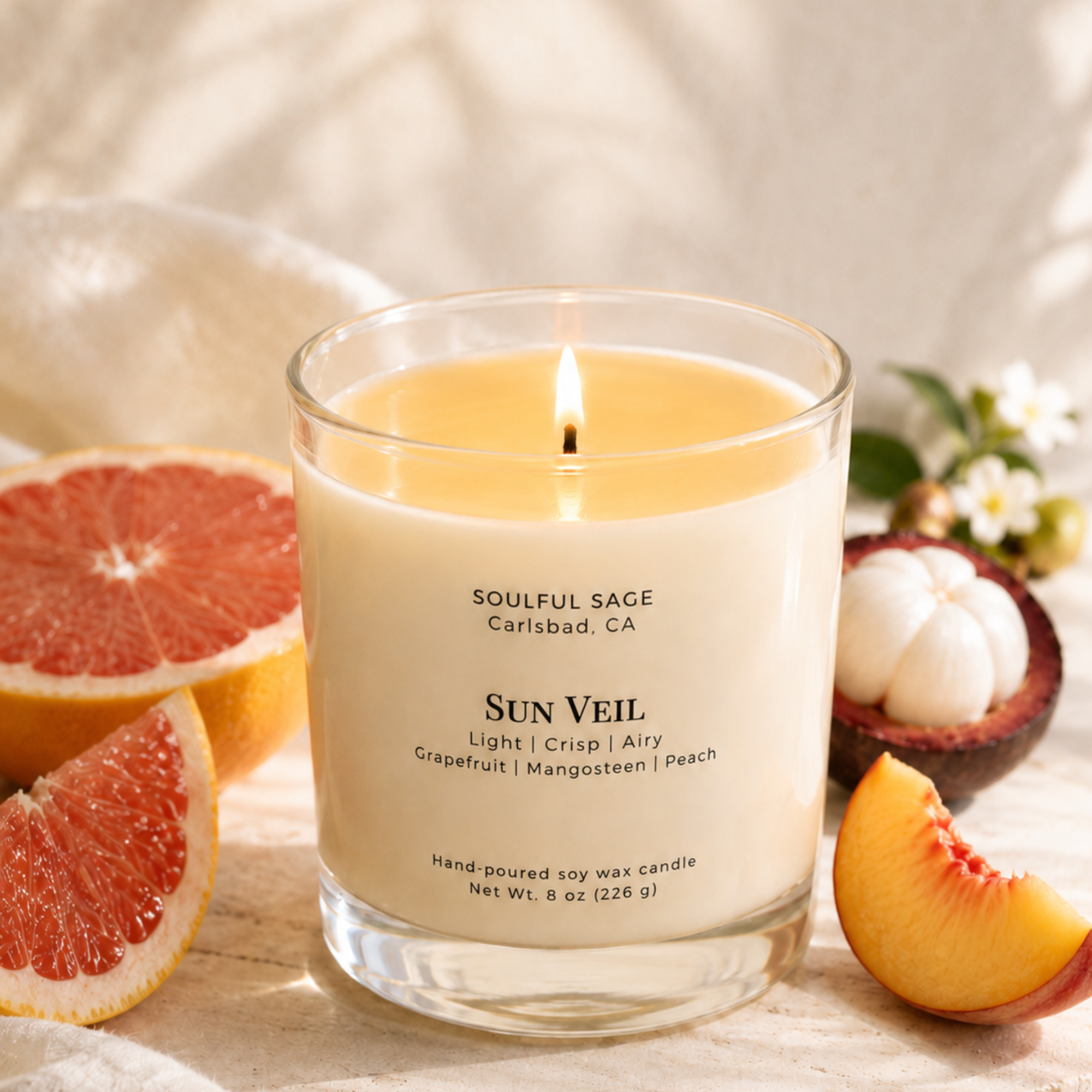 Soulful Sage Sun Veil soy candle with grapefruit mangosteen and peach scent-inspired background