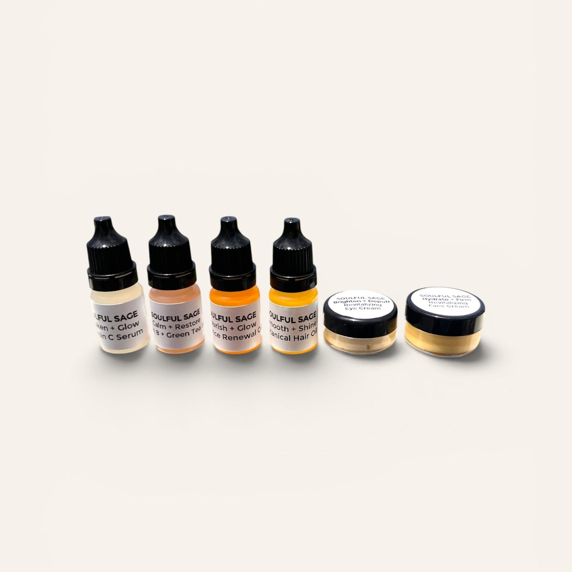 Soulful Sage travel-size skincare products lined up together