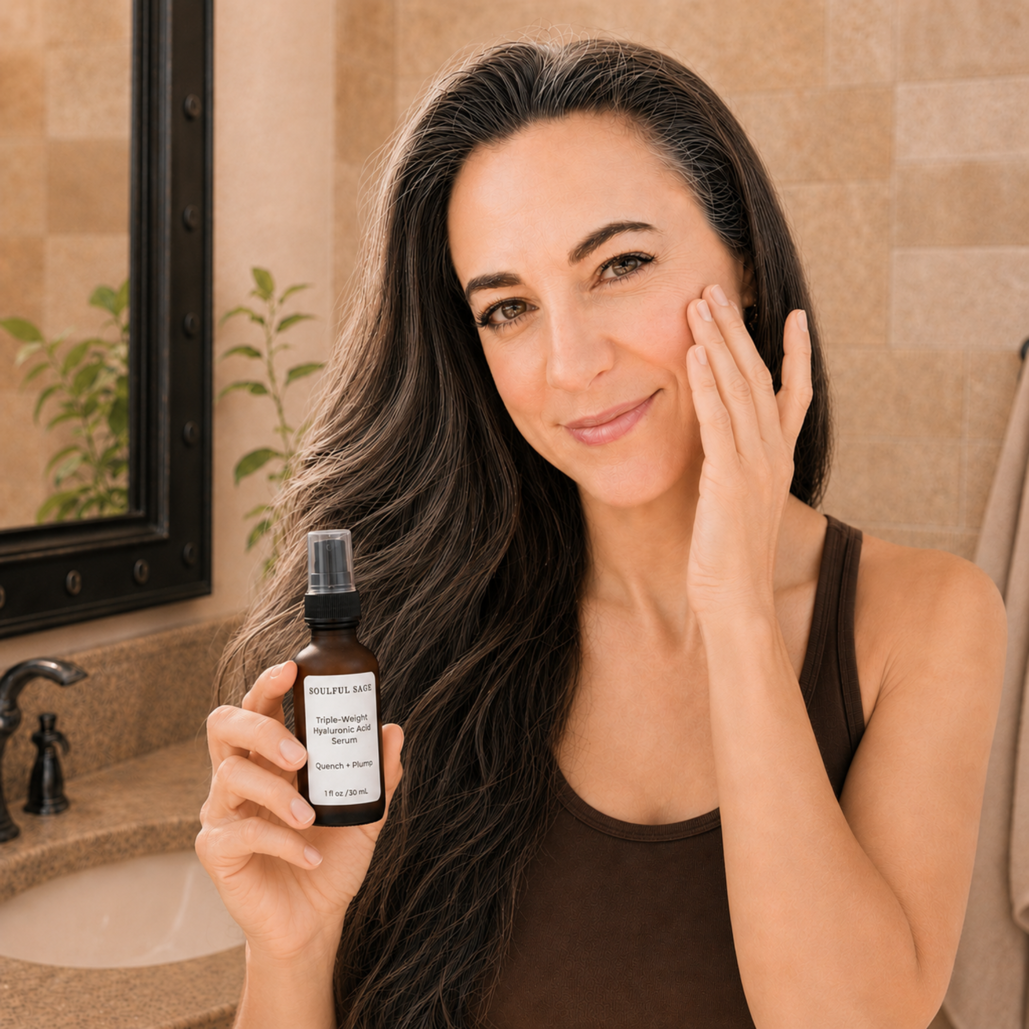 Woman applying Quench + Plump Triple-Weight Hyaluronic Acid Serum by Soulful Sage