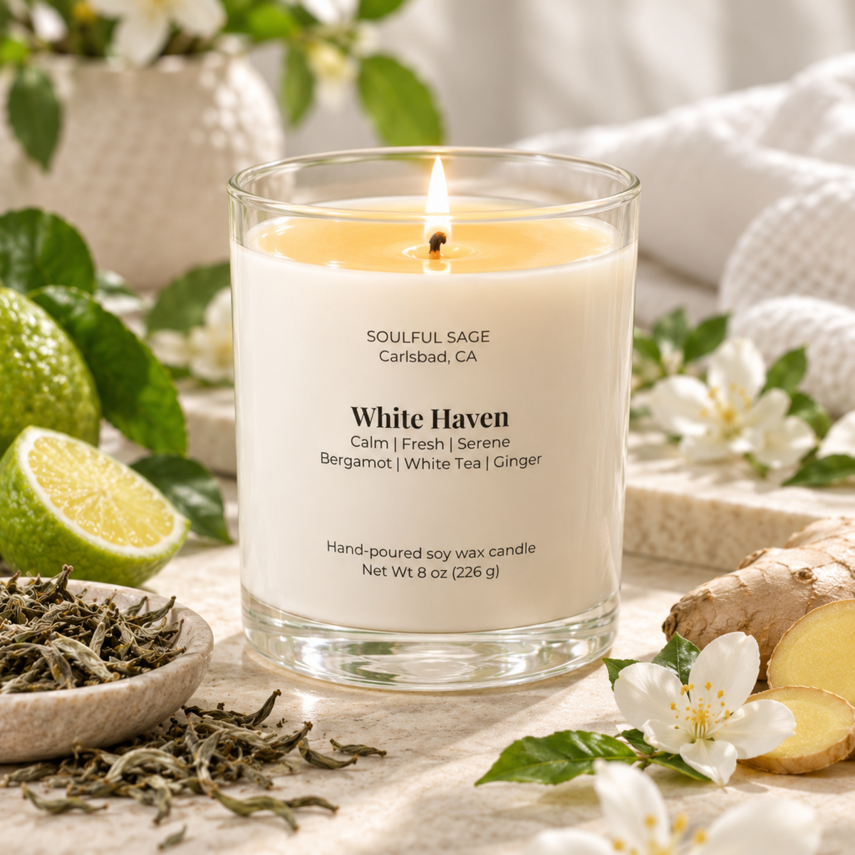 White Haven soy candle burning with a visible melt pool and wick, surrounded by bergamot, white tea, ginger, and soft botanical accents.