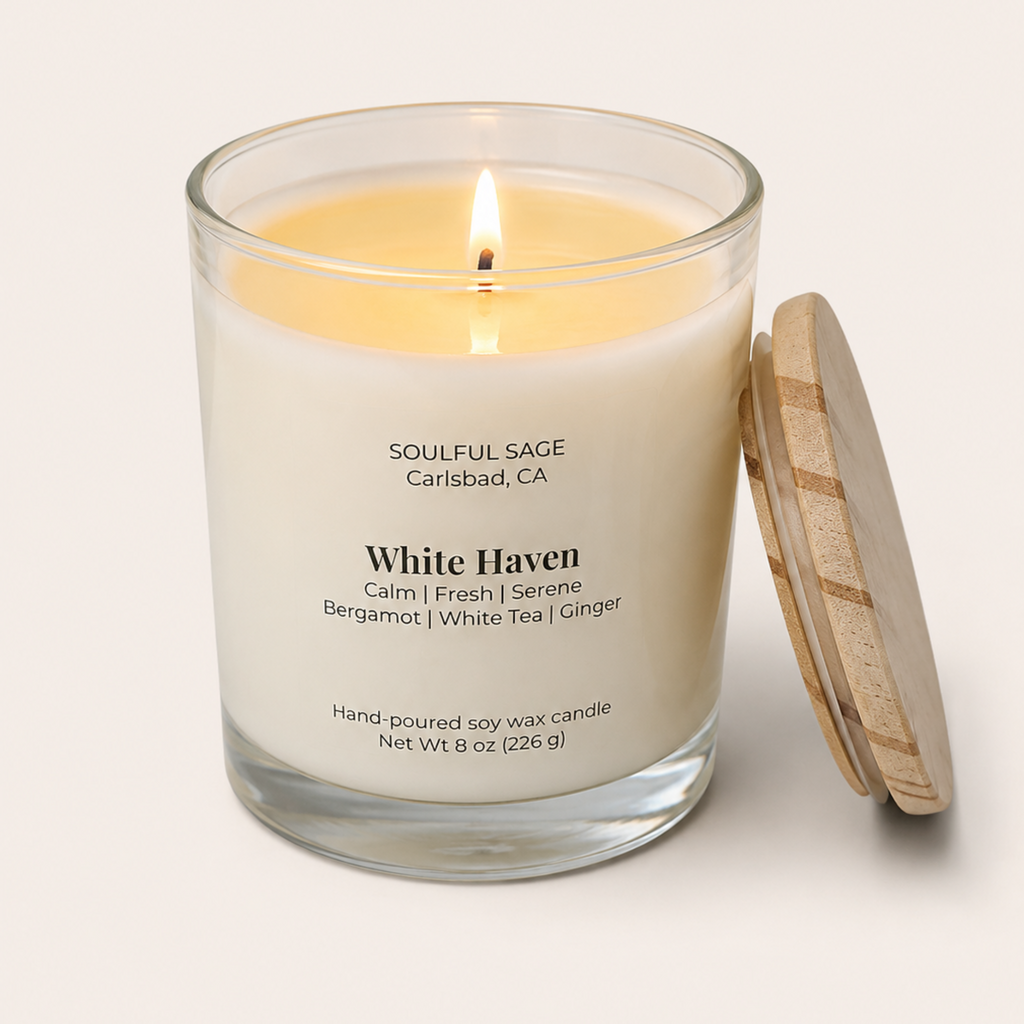 Soulful Sage White Haven soy candle burning