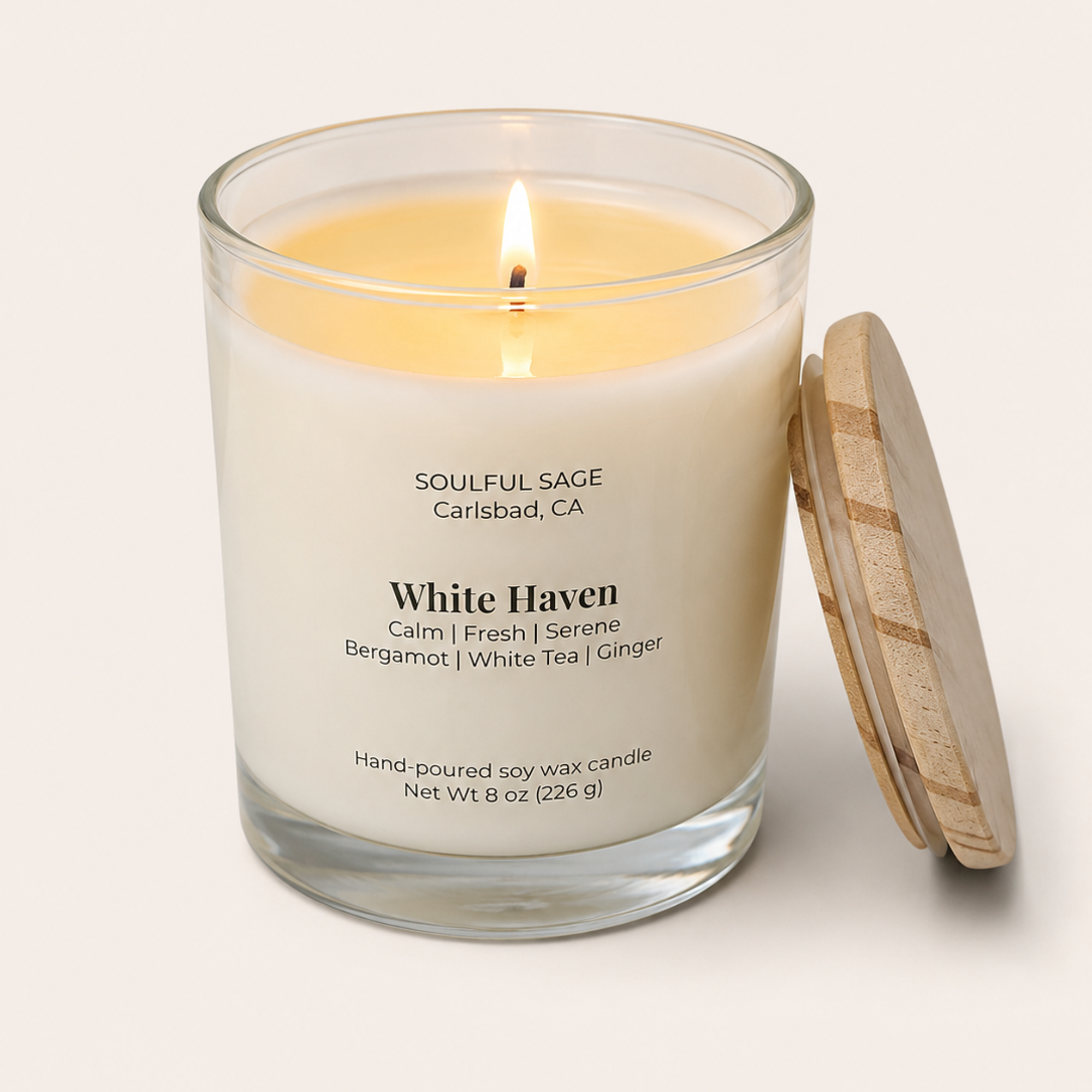 Soulful Sage White Haven soy candle burning
