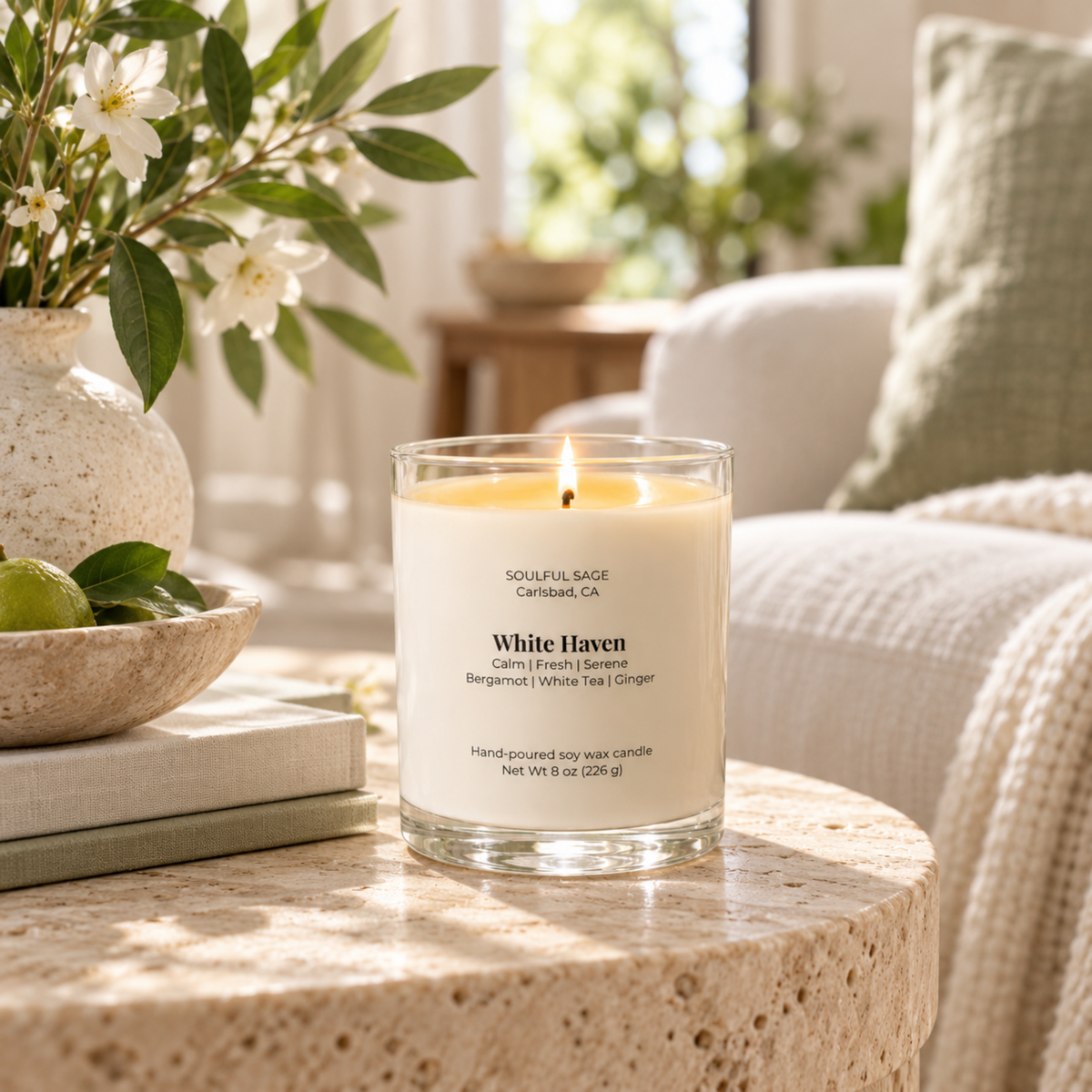 White Haven soy candle glowing in a calm, serene room with soft neutral decor, greenery, and warm natural light.