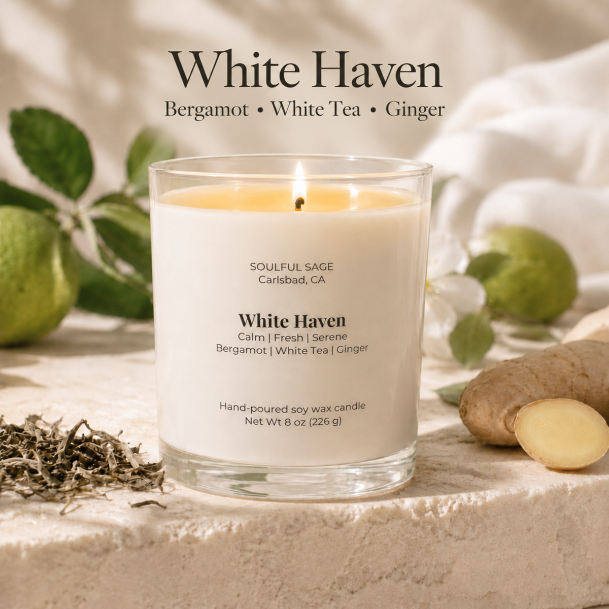 Soulful Sage White Haven soy candle with bergamot white tea and ginger scent-inspired background
