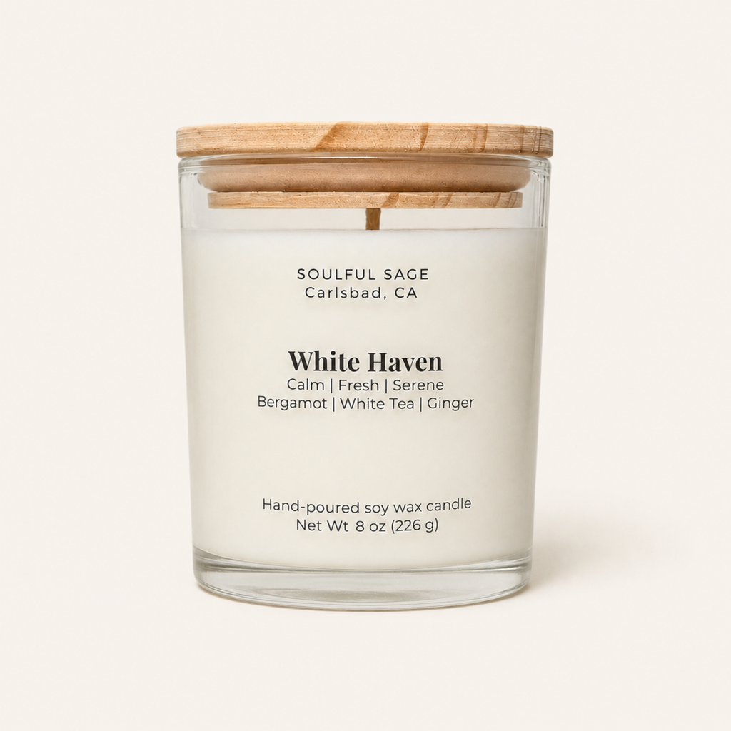 Soulful Sage White Haven soy candle with lid