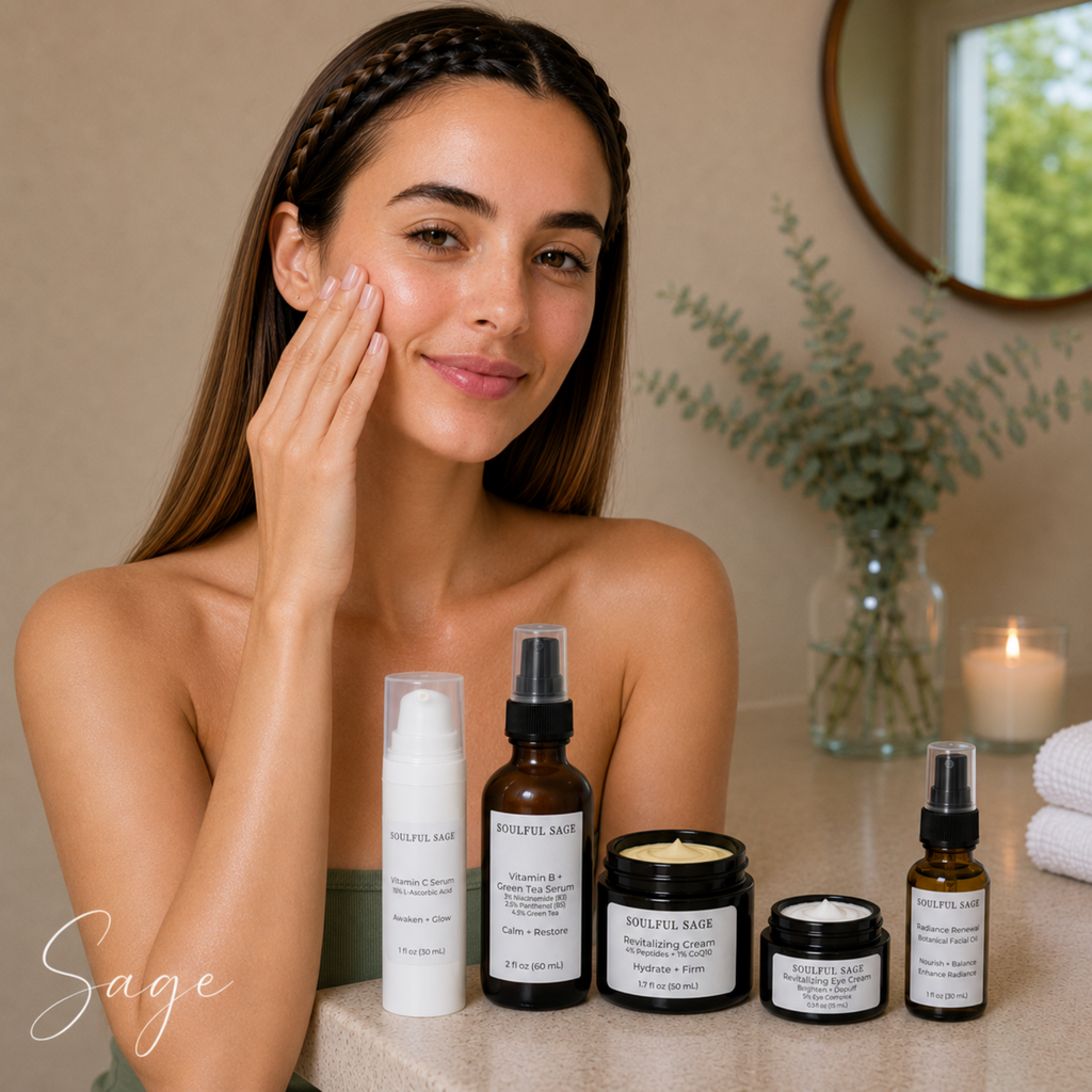 Woman holding a Soulful Sage full-size skincare ritual bundle